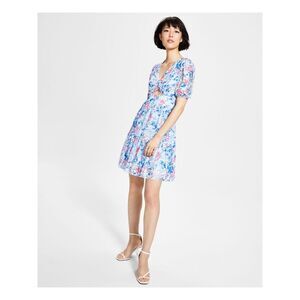 BAR III DRESSES Womens Light Blue Lined Short Sleeve Fit + Flare Dress L